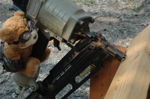 Nail gun Mr. T on the pneumatic nailer.